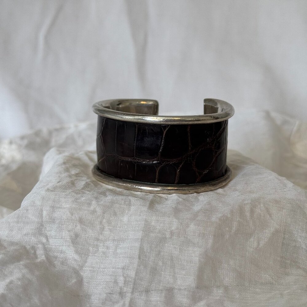 1990s LABELLE Solid Sterling Silver Bracelet Cuff, BROWN Leather Inlay